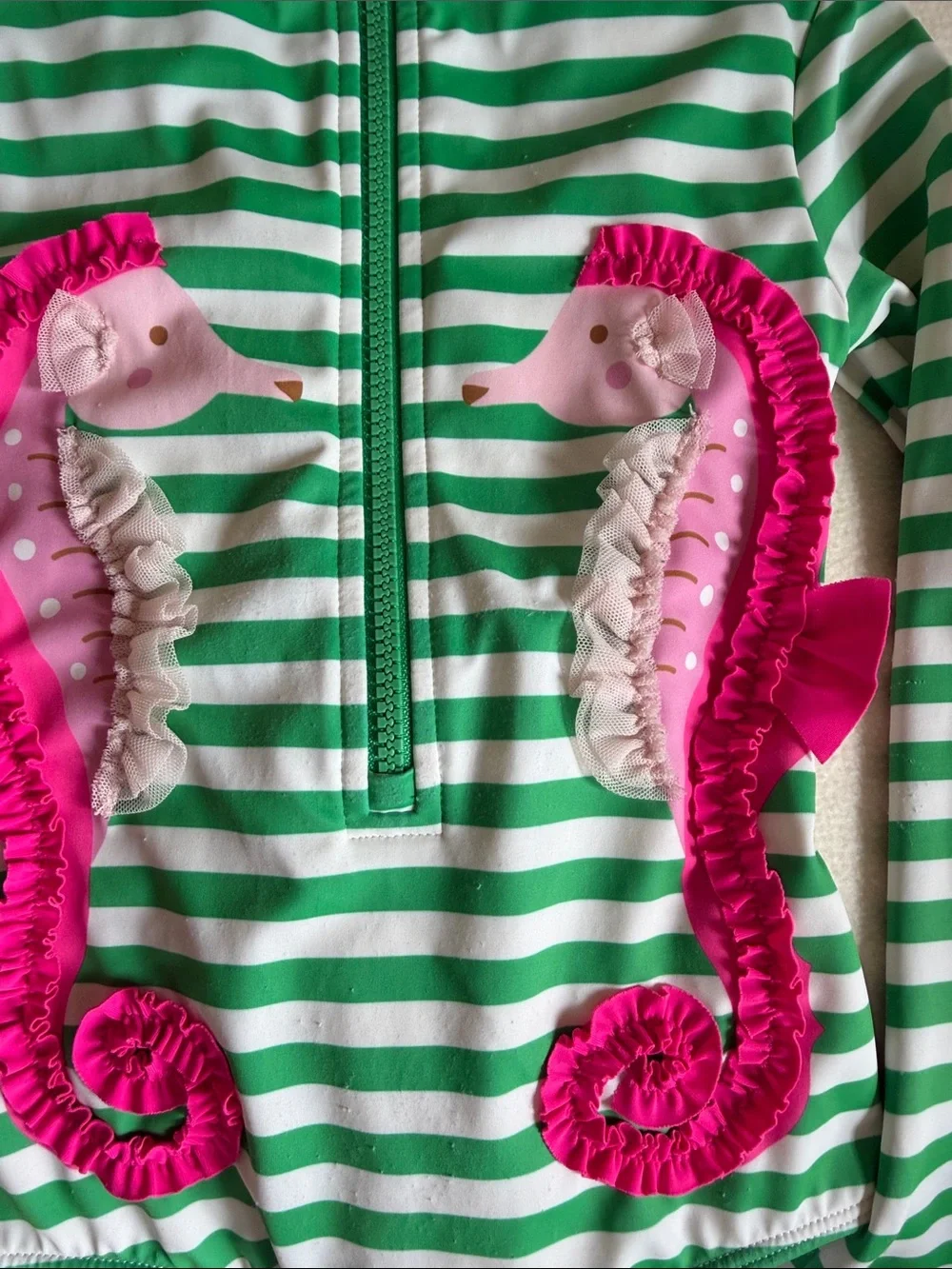 Mini Boden Green & White Striped Rashguard with Hot Pink Seahorse Appliqués